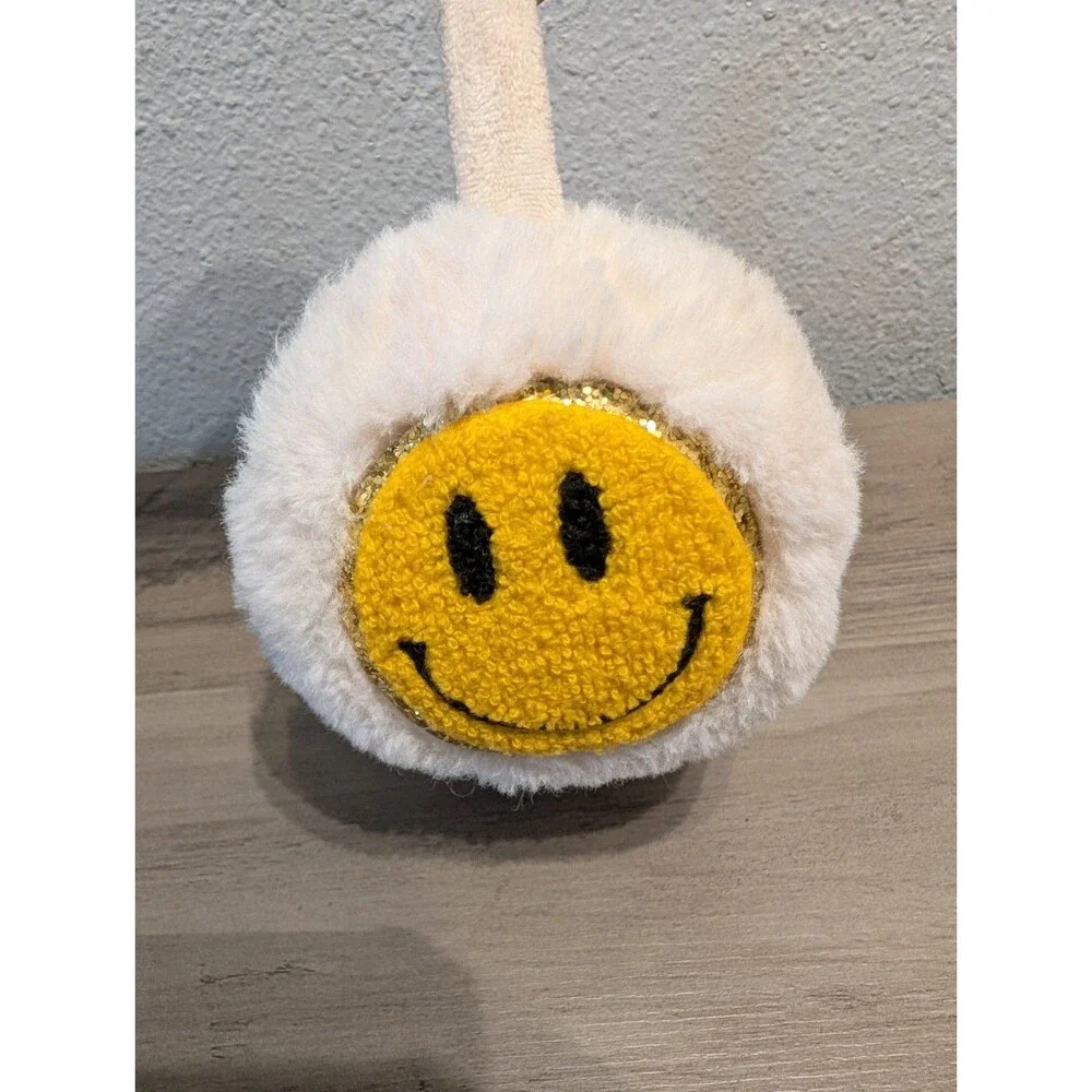 OMG Accessories Girls Smiley Face Earmuffs White Faux Fur Yellow One Size